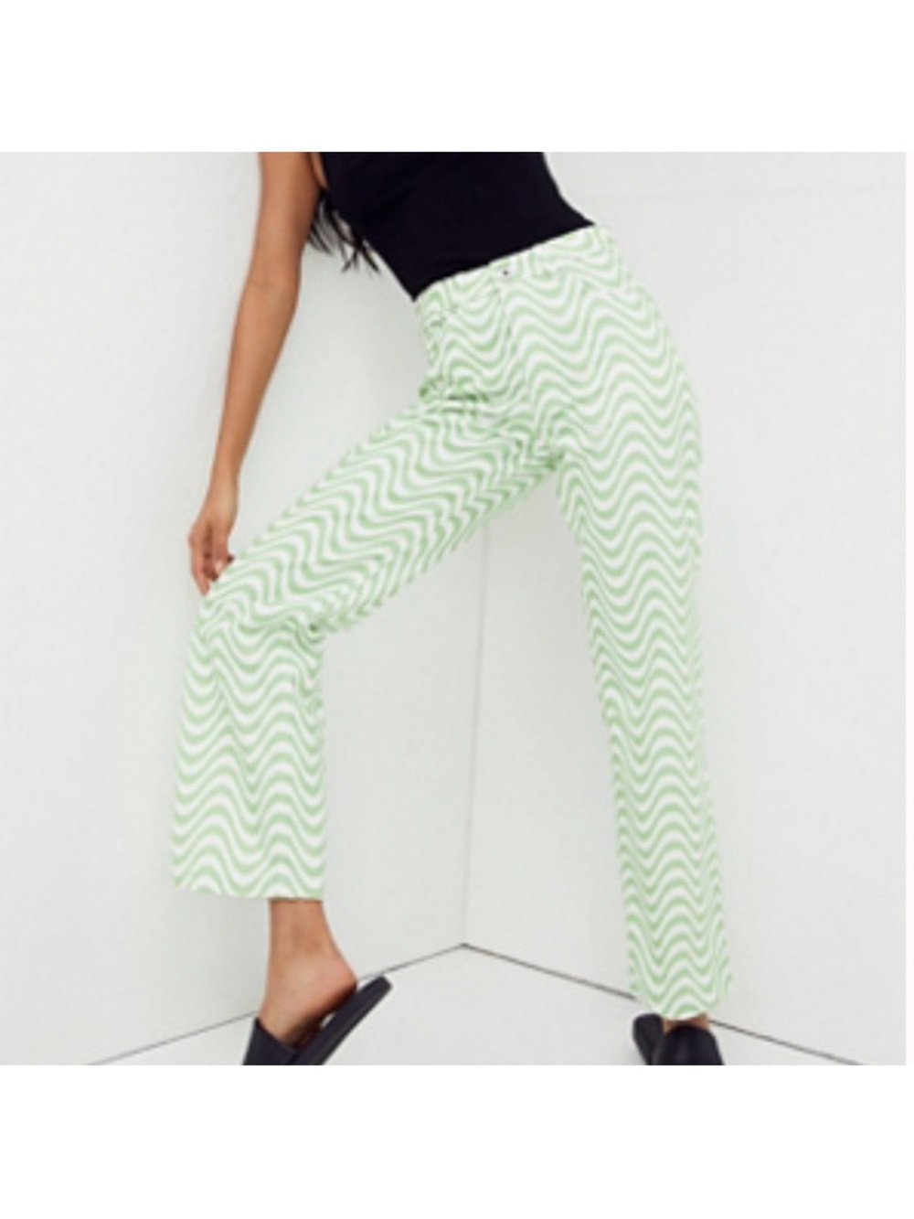 The Ragged Priest Dad Denim Jeans Lime Green White Wave Design Size 32